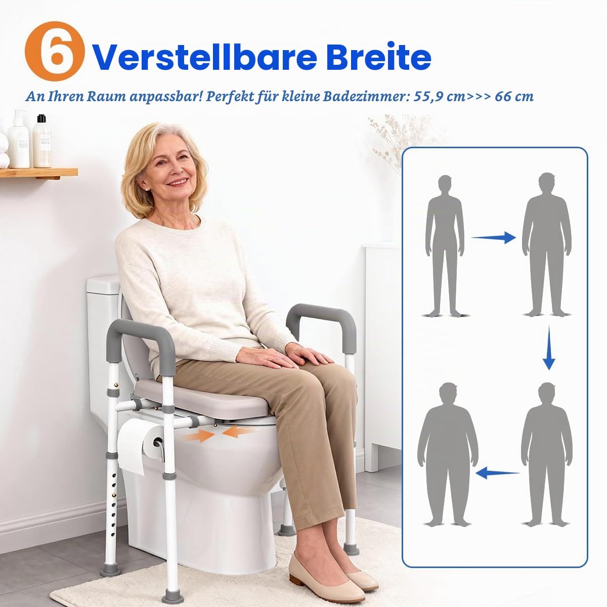 Toilettensitzerhöhung mit Armlehnen – Höhenverstellbarer gepolsterter Toilettenaufsatz für Senioren und Behinderte, Schwerlast WC-Sitzerhöhung bis 182 kg, Passend für die meisten Toiletten, Dunkelgrau
