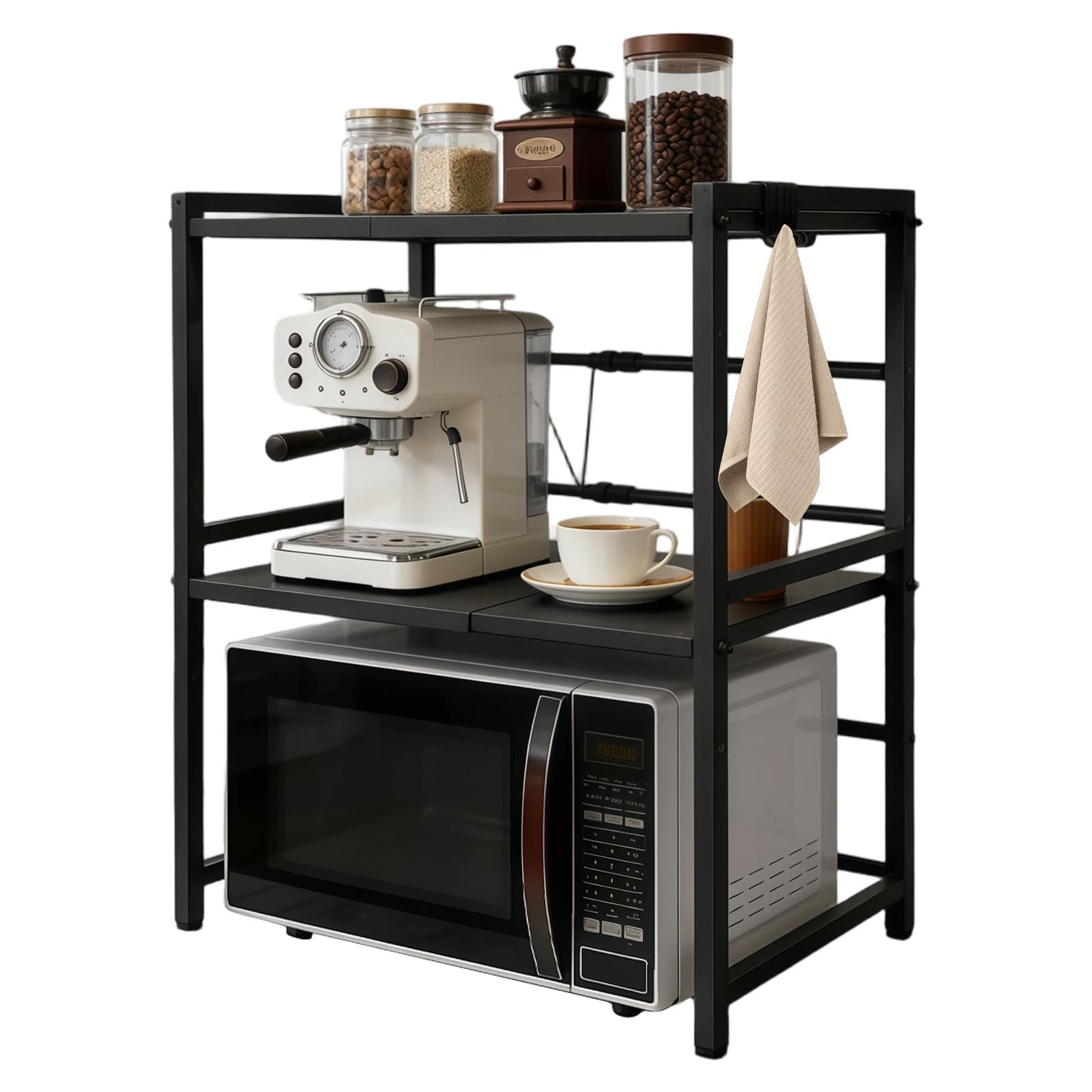 Support pour Micro Onde, Étagère Extensible pour Micro-Ondes,Organisateur de Cuisine À Trois Niveaux Économiseur d'Espace, Facile à Installer Compatible avec Micro-Ondes, Hornos(Noir)