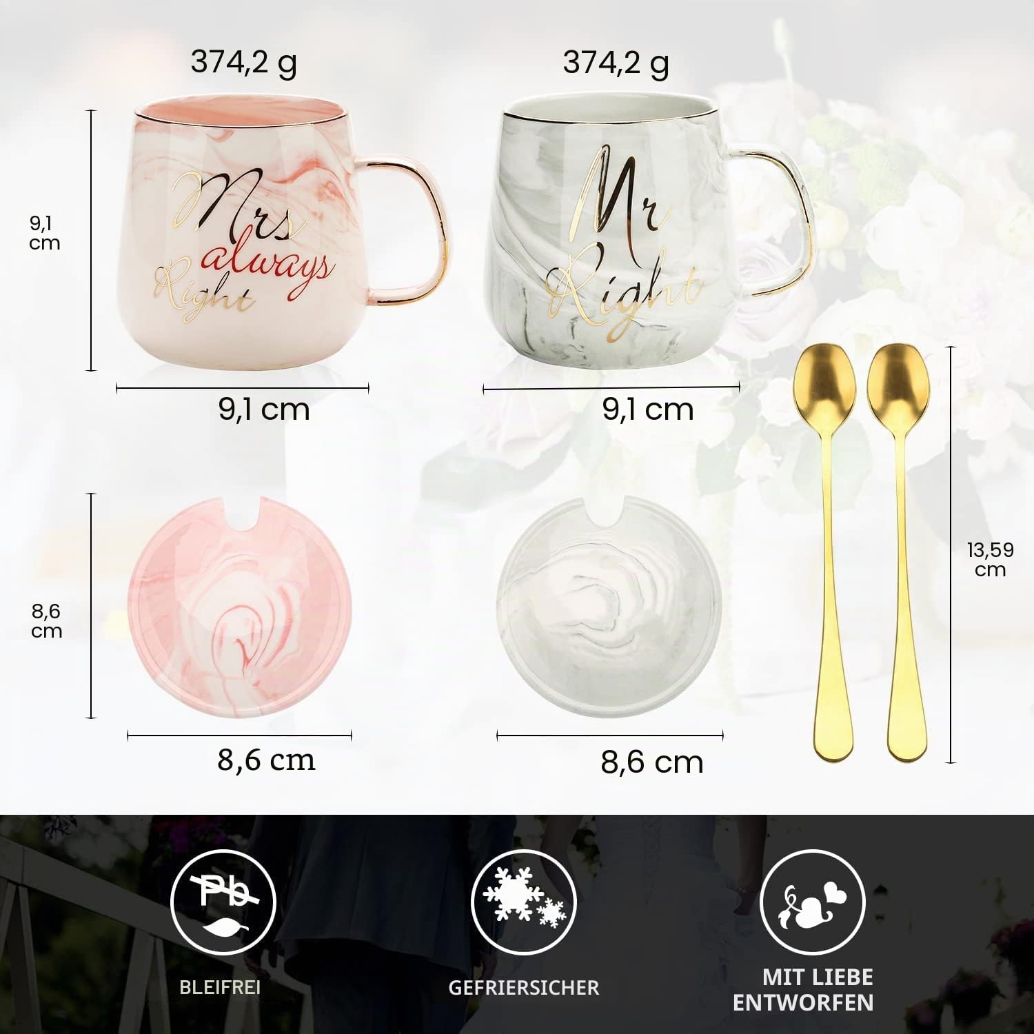 Mr Right und Mrs Always Right Kaffeetassen für Paare, Geschenk-Set für Verlobung, Hochzeit, Brautparty, Brautparty, Brautpaar für Brautpaare, Hochzeitstag, Keramik-Marmor, 370 ml, oval