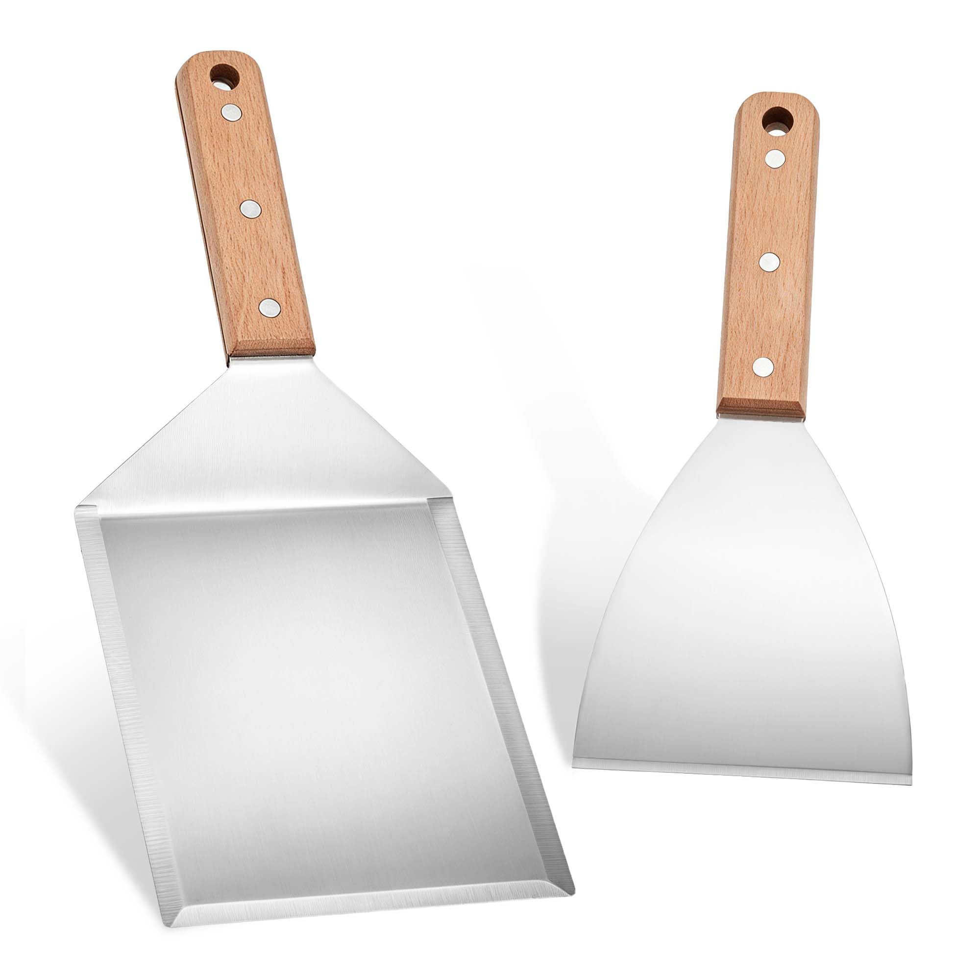 Joyfair BBQ Burger Turner and Griddle Scraper Set, Stainless Steel Griddle Barbecue Grill Tools Set with Wooden Handle, Professional Accessories for BBQ Flat Top Grill Teppanyaki, Matte finished