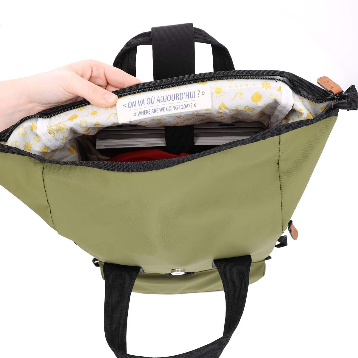 Hapo-G - Sacoche arrière roll-top convertible sac à dos MEDIUM - 22L - KAKI - Waterproof et déperlant - Compartiment ordinateur 14" - Poches zippées - Fixation porte-bagages - Idéal pour vélo