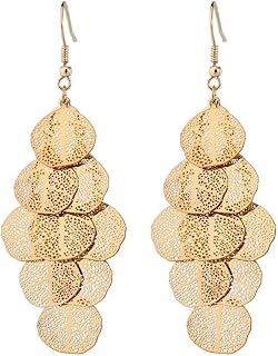 18k Gold Plated Layered Circle Leaf Chandelier Dangle Drop Earrings –Boho Lightweight Filigree Earring