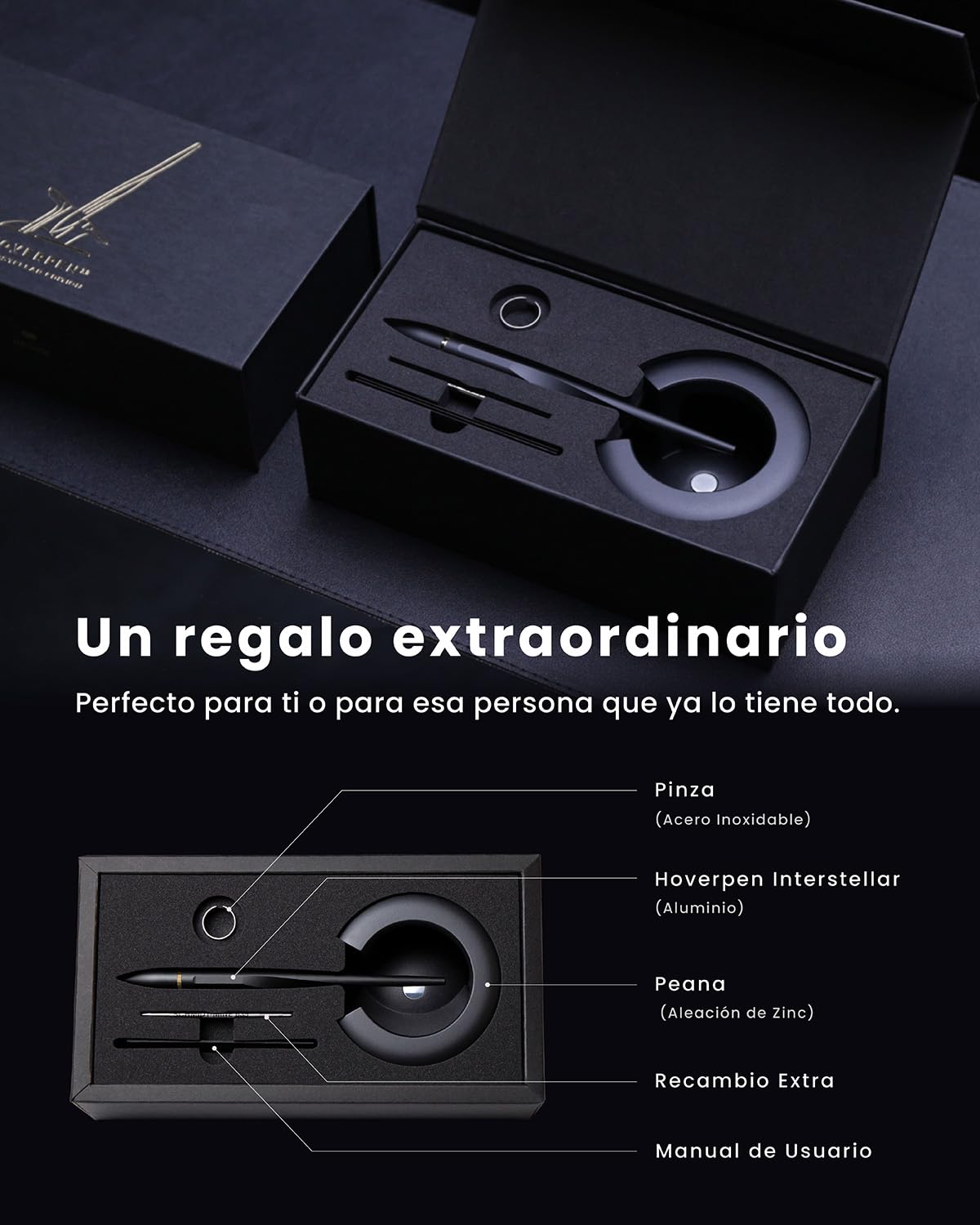 novium Hoverpen Interstellar Edition - Bolígrafo de lujo futurista hecho con aleaciones aeroespaciales, estética única, bolígrafo ejecutivo giratorio gratis, regalos para hombres y mujeres (negro