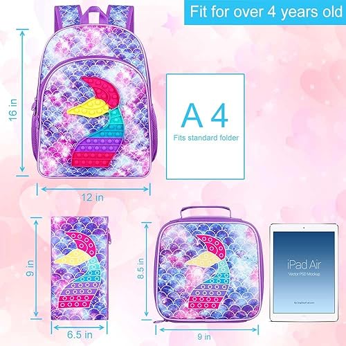 Miniatura 3 de CCJPX Mochila infantil de 3 piezas para niños y niñas, 16 unicornios, sirena, dinosaurio, preescolar, bolsa de libros y lonchera, Pescado Púrpura,