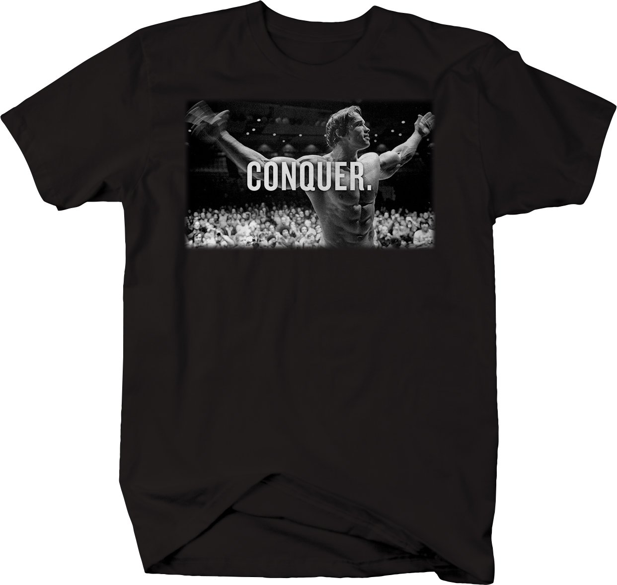 Bold ImprintsArnold Conquer Vintage Bodybuilding Gym Motivation Workout T Shirt for Men