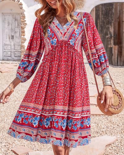 Image of BTFBM Women Casual Spring Summer Dresses V Neck 3 /4 Long Sleeve Ruffle Floral Flowy Boho Babydoll Mini Short Beach Dress