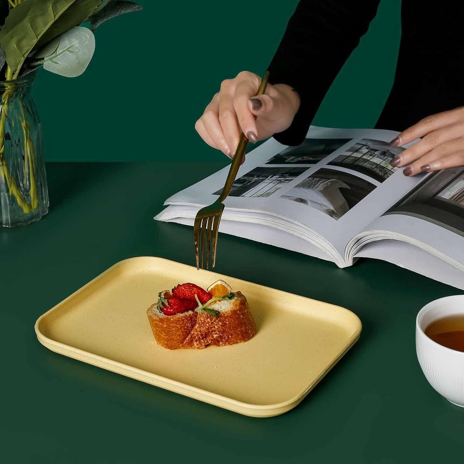 Motka 9.84" Wheat Straw Plates (2-Pcs) - Eco-Friendly, Unbreakable, Lightweight, Rectangular Dinner Plates - Perfect for Salad, Dessert, Dim Sum, Parties, & Gifts - Orange 4