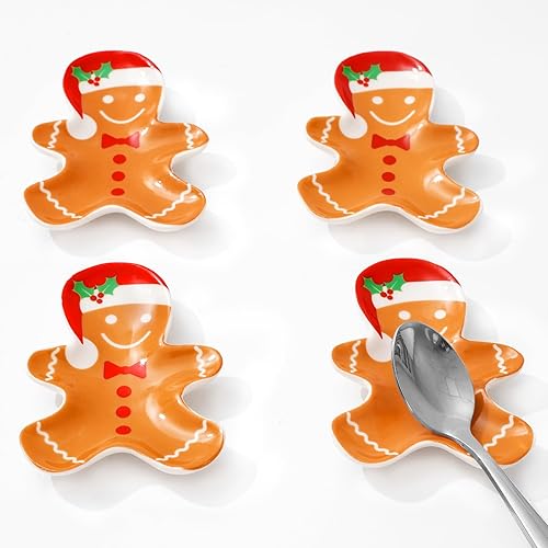 Whaline 4 piezas de cuchara de Navidad para hombre de jengibre, soporte para cucharas de cerámica, platos de salsa de pan de jengibre para cocina,