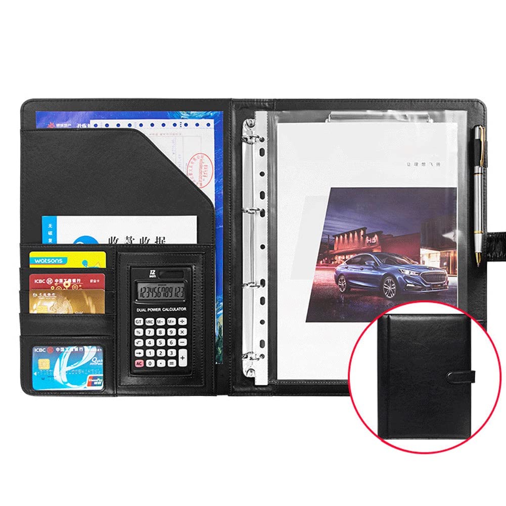 Cartella Portadocumenti A4 Porta Documenti In Pelle Business Portfolio Padfolio Cartelle Raccoglitore Ad Anelli Lavoro Ufficio Conferenza Riunione(Black+calculator)