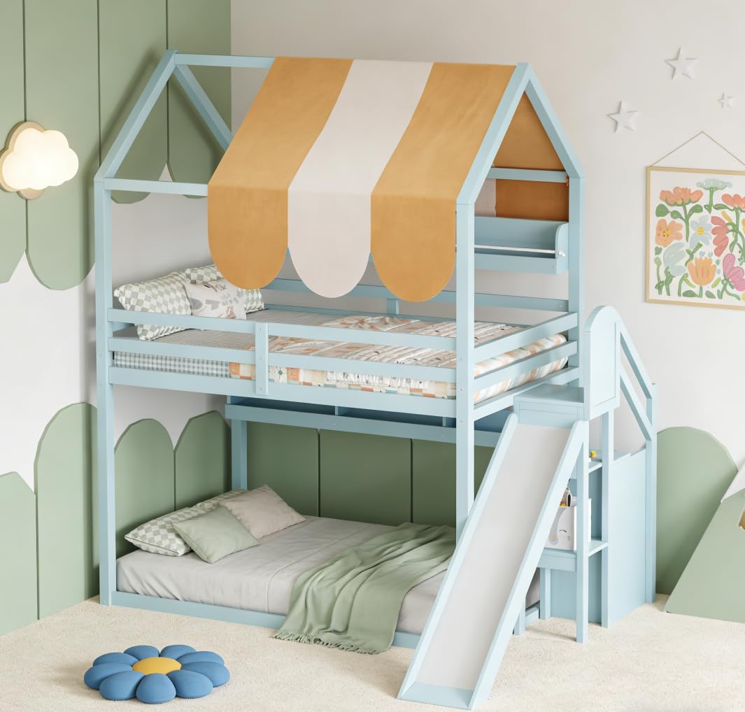 Bellemave Bunk beds Full Over Full with Slide and Stair and Bookshelf House roof Design, Low bunk/loft Bed for Kids，Light Green