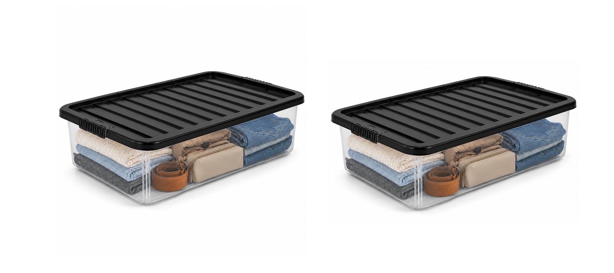 ELMORA'Z Under Bed Storage Box 32L Transparent Plastic Storage Container with Black Lid Stackable Underbed Storage for Clothes Bedding & Home Space Saving Container (2, 32 Litre Black lid)