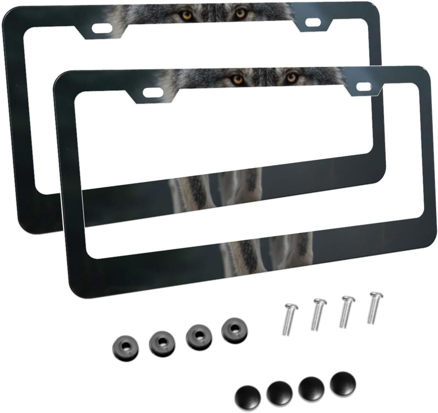Portrait 3D Animal Wolf Matte Aluminum License Plate Frame with Black Screw Caps，2pcs 2 Holes Black Licenses Plates Frames,Car Licenses Plate Covers Holders for Us Vehicles/Women/Men