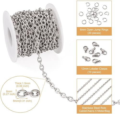 Vista 23 de Mega Pet Cadena de acero inoxidable de 16.4 pies/16.4 ft, color metálico, cadena de eslabones cubanos sin soldar, cadenas de cable facetado, cadena