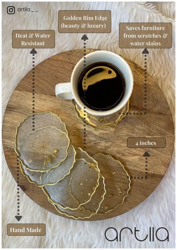 Artlia Resin Coasters Dining Table Set of 4,(4'' Diameter Ideal for Gifting (Birthdays,Anniversaries,Weddings),Enhancing Home Decor,Gifts,and Special Occasions,Handcrafted Coasters (Metallic Blue) 4