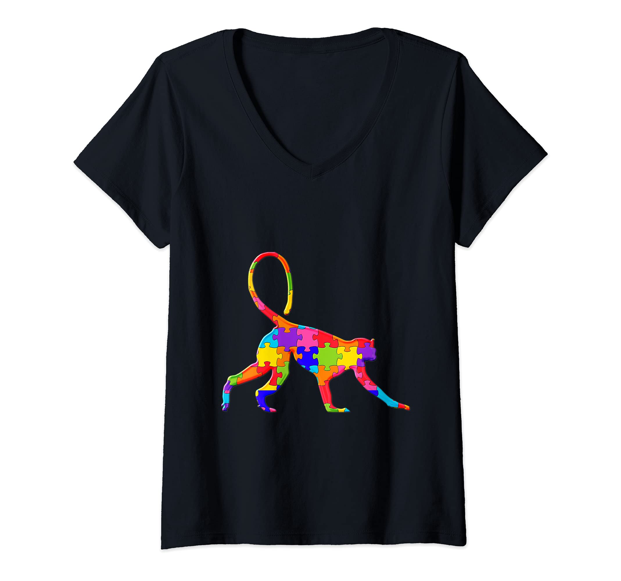 Womens Monkey Chimp Animal Jigsaw Autism Puzzle V-Neck T-Shirt