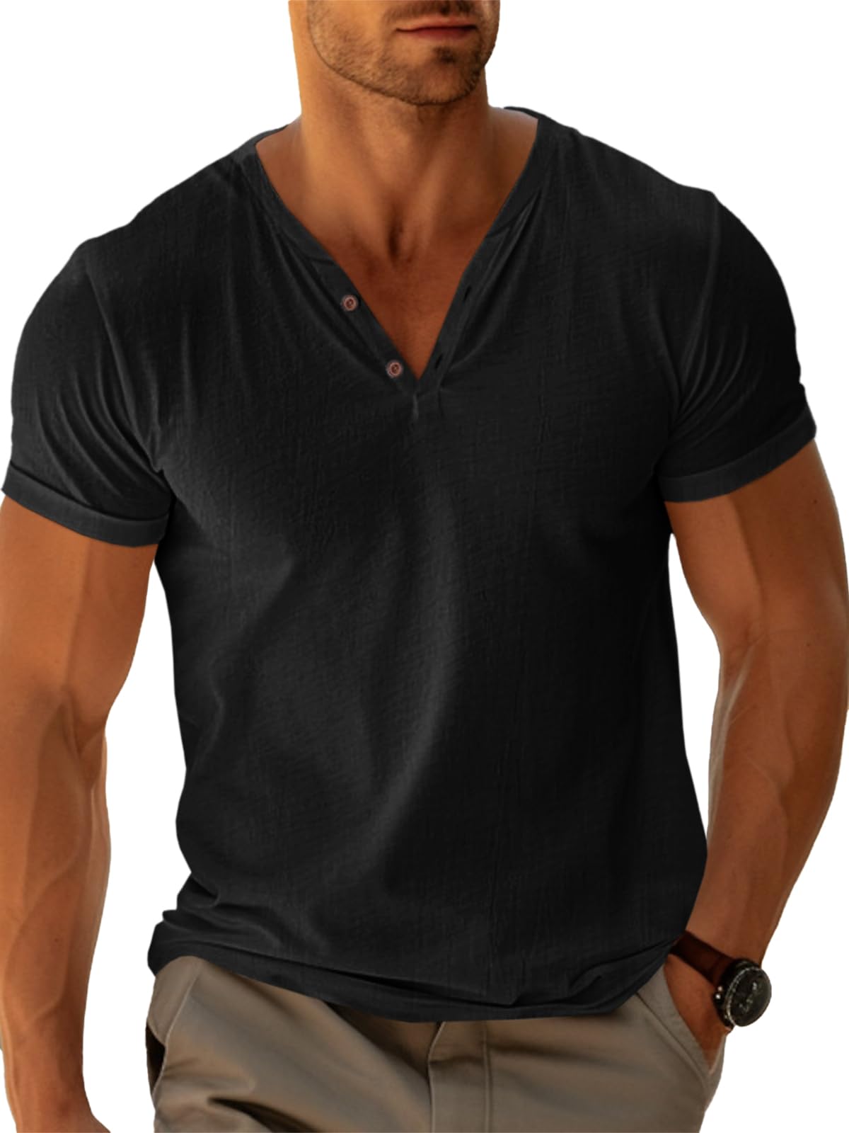 Runcati Mens Casual T Shirts Short Sleeve V Neck Linen Henley Shirt Button Basic Fashion Summer Beach Tee Tops