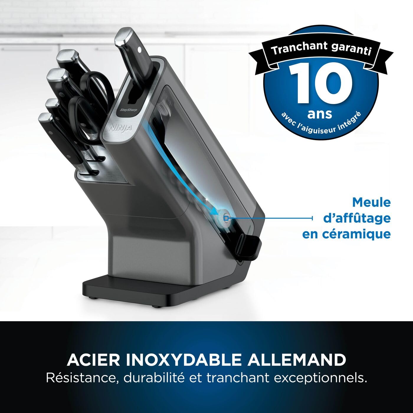 Bloc-couteaux Ninja Foodi StaySharp avec Affûteur, Ensemble de Couteaux 6 Pièces Aiguisés: Couteau de chef, à pain, à trancher, universel, à éplucher et ciseaux, en Acier Inoxydable, K32006EU