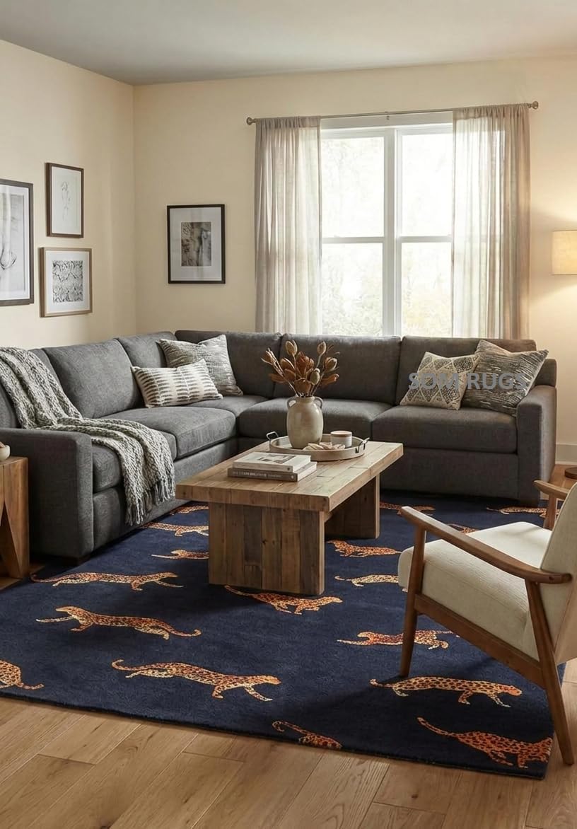 Handmade Cheetah Wool Area Rug Modern Traditional Design -Premium Animal Print Rug Washable Foldable Non Slip Carpet Perfect for Living Room, Bedroom Dining Room, Kids Room(Navy, 8x10 Feet)