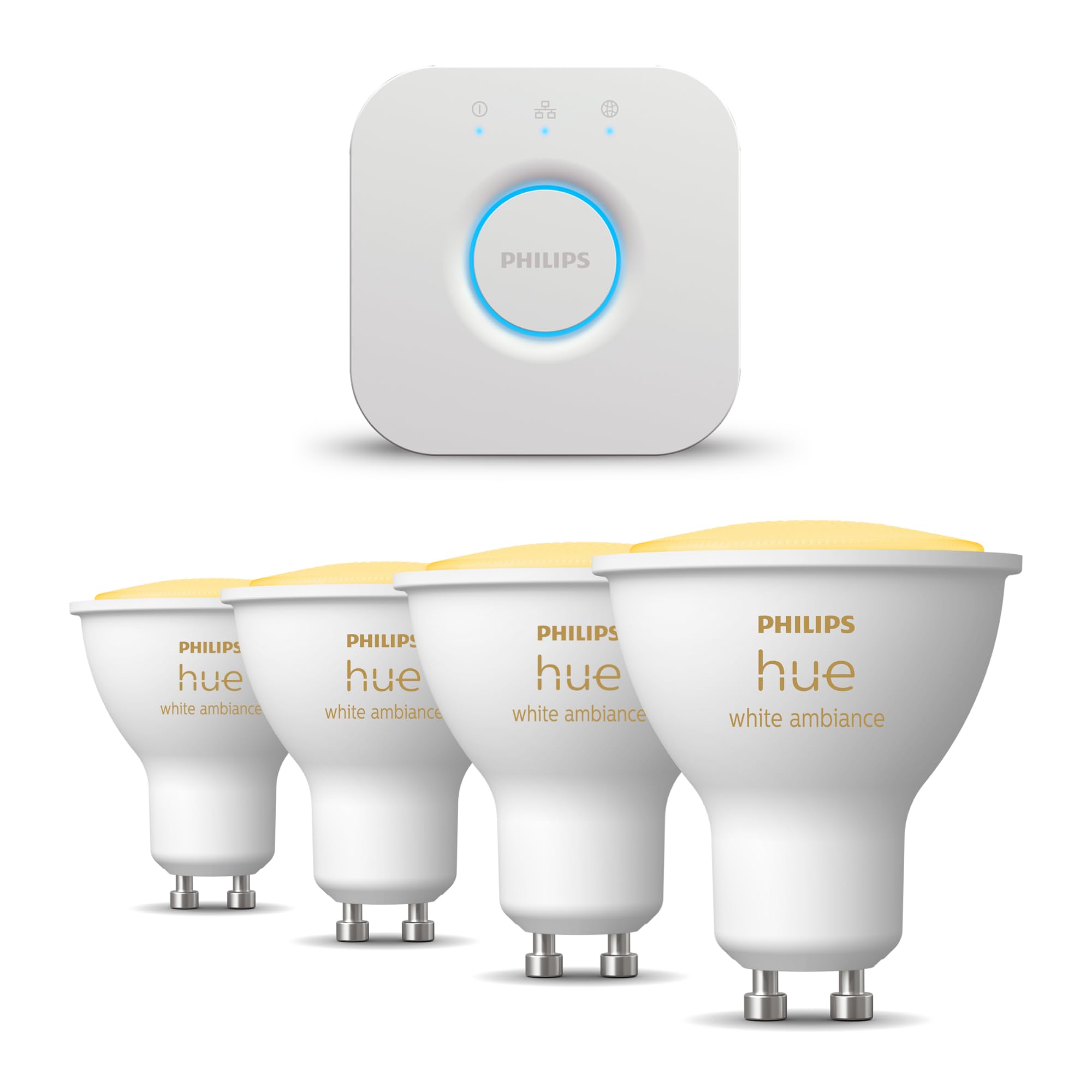 Philips Hue Starter Pack - GU10 - 4 Bombillas LED para focos - Luz blanca cálida a fría - incl. Hue Bridge - Hue White Ambiance