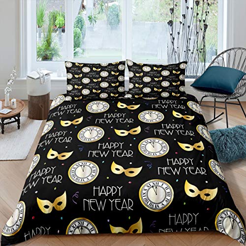 Feelyou Happy New Year Theme Duvet Cover Set Retro Xmas Gifts Printed Comforter Cover for Girls Kids Child Teens Bedroom Mask Clock Pattern Bedding Set Christmas Decor 3 Pcs Queen Size