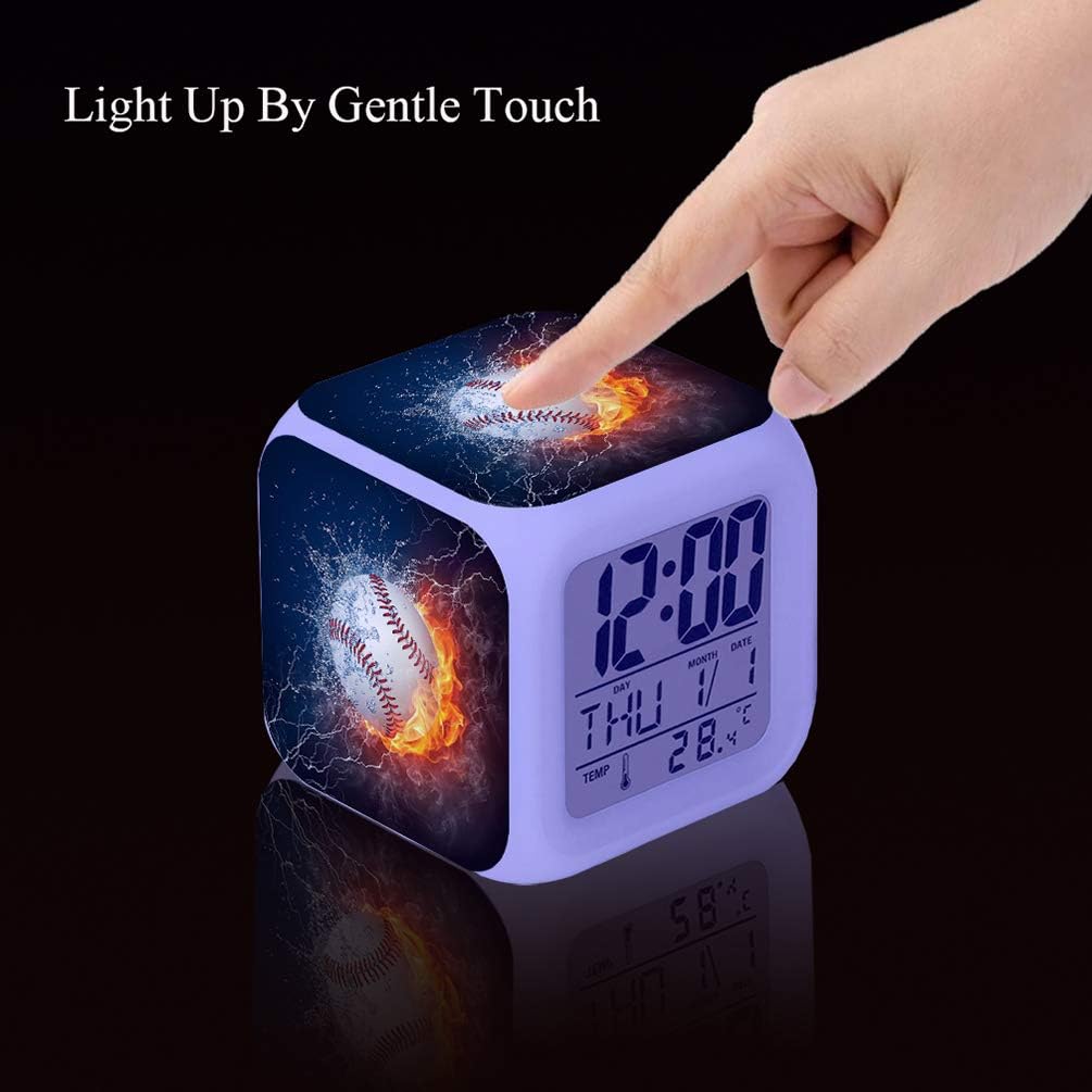 Led Alarm Clock Baseball Burning Sport Design Creative Desk Table Clock Glowing Electronic Colorful Digital Alarm Clock for Unisex Adults Kids Toy Birthday Present
