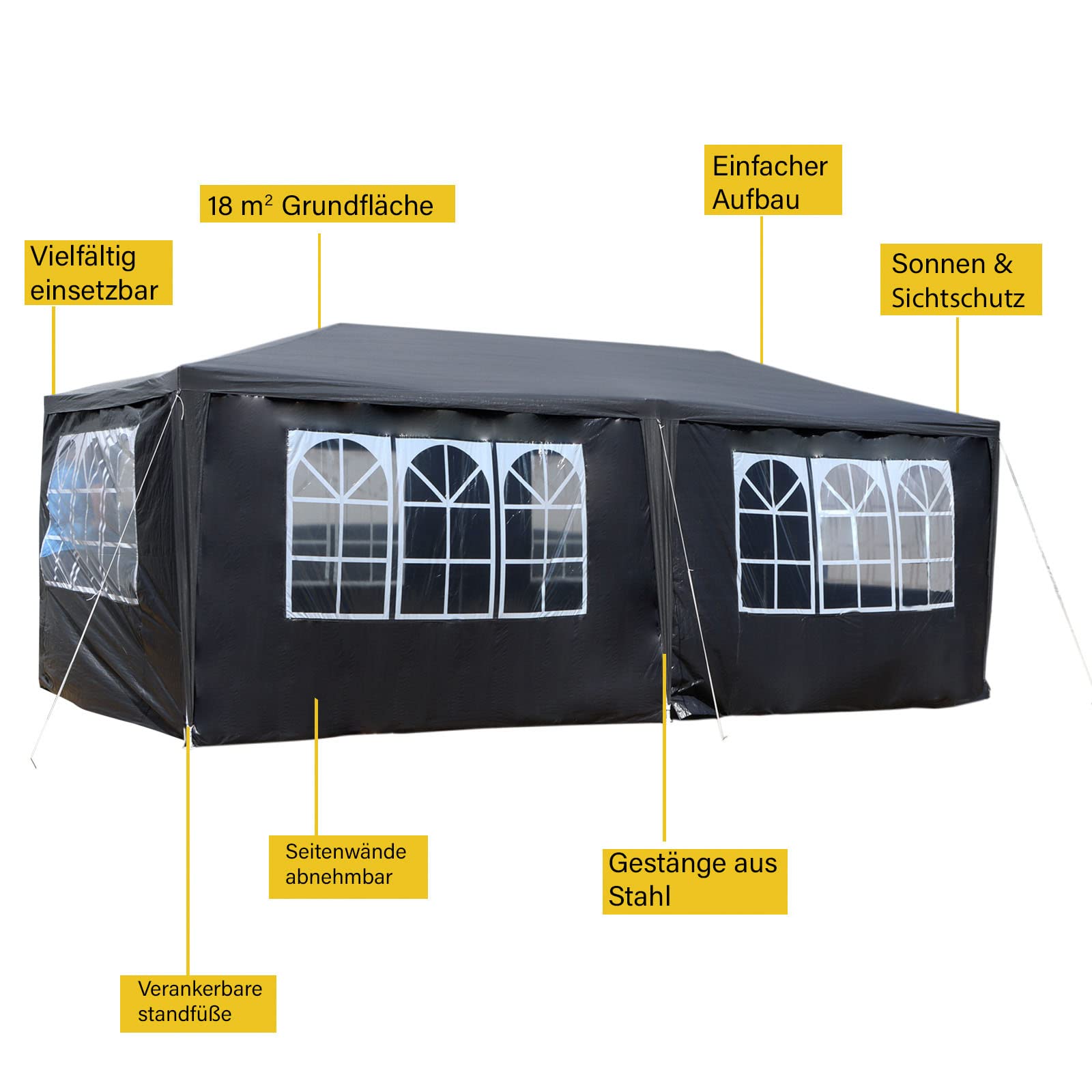 Toboli Gazebo 3 x 6 m in grigio con protezione UV 50+, tendone da giardino con pareti laterali avvolgibili, tenda da festa con finestre, ad esempio per terrazze e festival