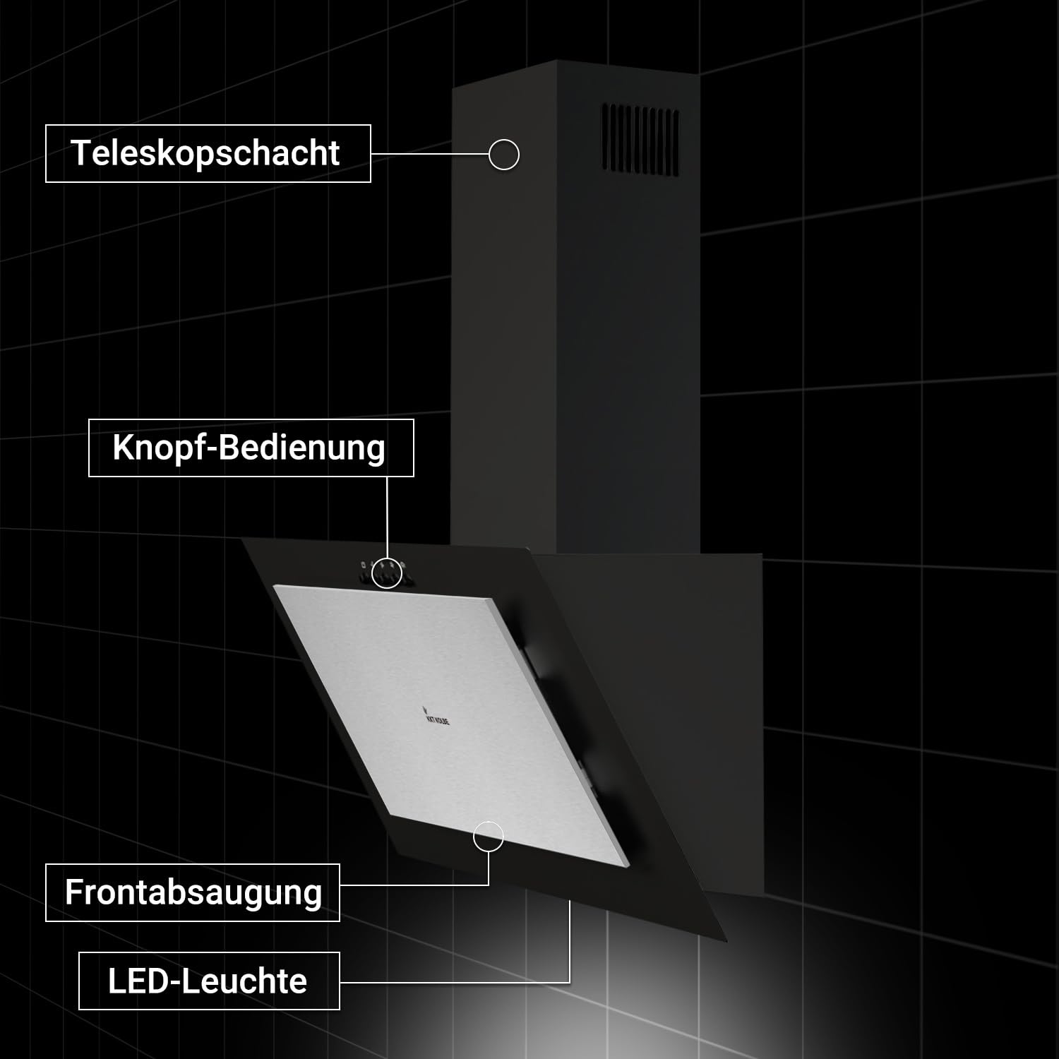 KKT KOLBE Kopffrei-Dunstabzugshaube VTH601ED, 60 cm | Abluft und Umluft, Edelstahl und Glas, schwarz-silber, LED-Beleuchtung, Druckknopf-Bedienung