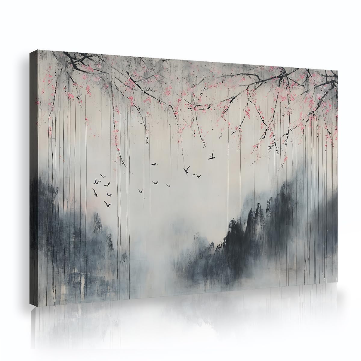 CHERHERART Canvas Wall Art Posters Oriental Cherry Blossom Landscape Picture Painting Misty Mountain Canvas Prints for Living Room Office 55x85cm Innerframe