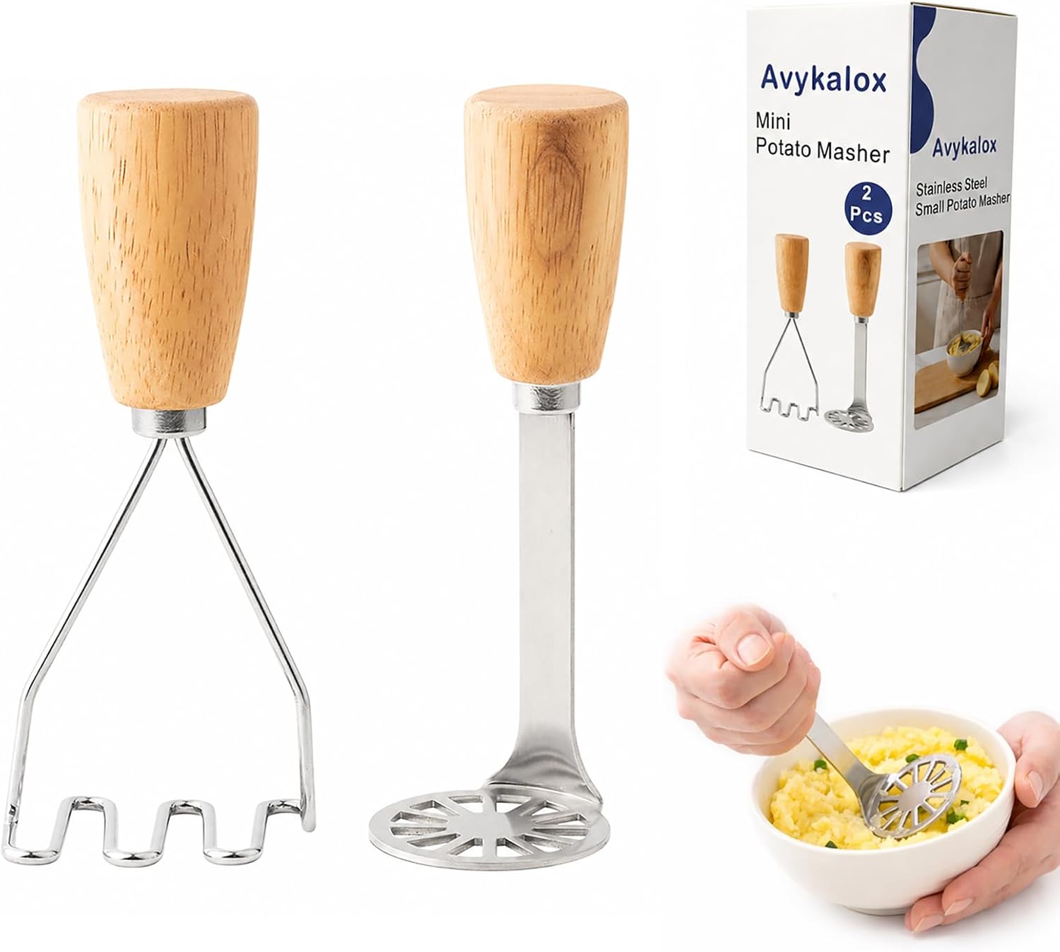 Mini Potato Masher, 2 Pcs Avocado Masher Stainless Steel Small Potato Masher, Kitchen Tools and Gadgets with Wooden Handle for Pototoes, Avocado, Fruits, Vegetables, Beans, Meat