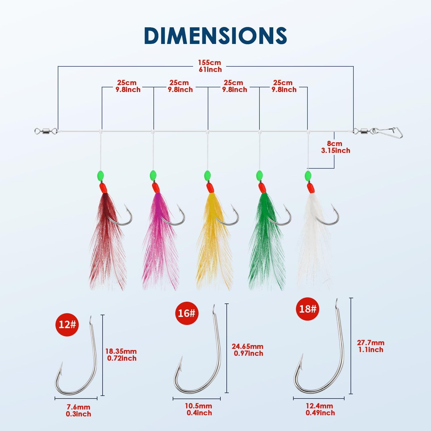 Lot de 6 Appâts Pré-assemblés pour Maquereau, 30 Hameçons Imitation Insecte, 5 Couleurs Fluorescentes