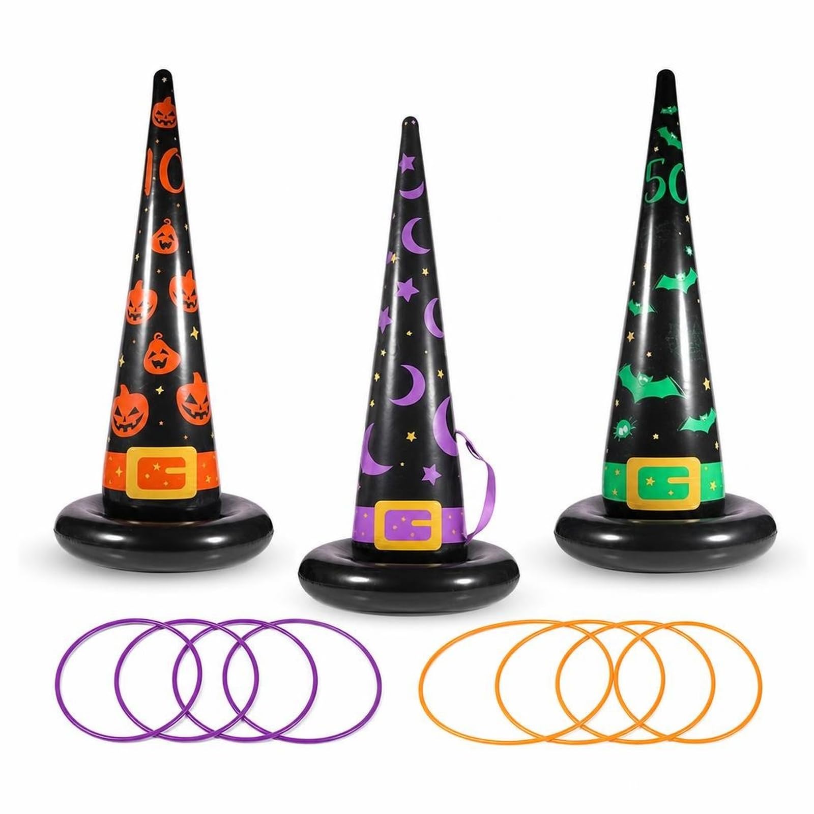3Pcs Witch Hat Ring Toss, Halloween Party Activity Set| Orange And Green Witch Hats, 8 Plastic Rings, Halloween Party Activity For Adults