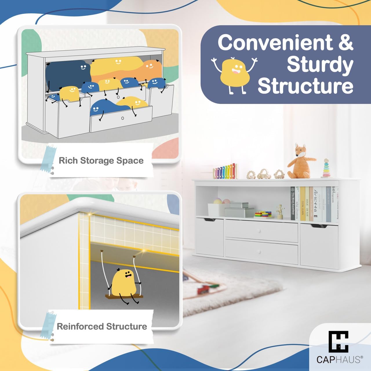 CAPHAUS Toy Storage Organizer w/ 4 Drawers, 52”W x 13”D x 24.4”H, Toy Organizer Bookcase, Toy Storage Organizer Bins with Shelf, Bookshelf for Reading, Storing, Playing for Kids, Boys & Girls, White