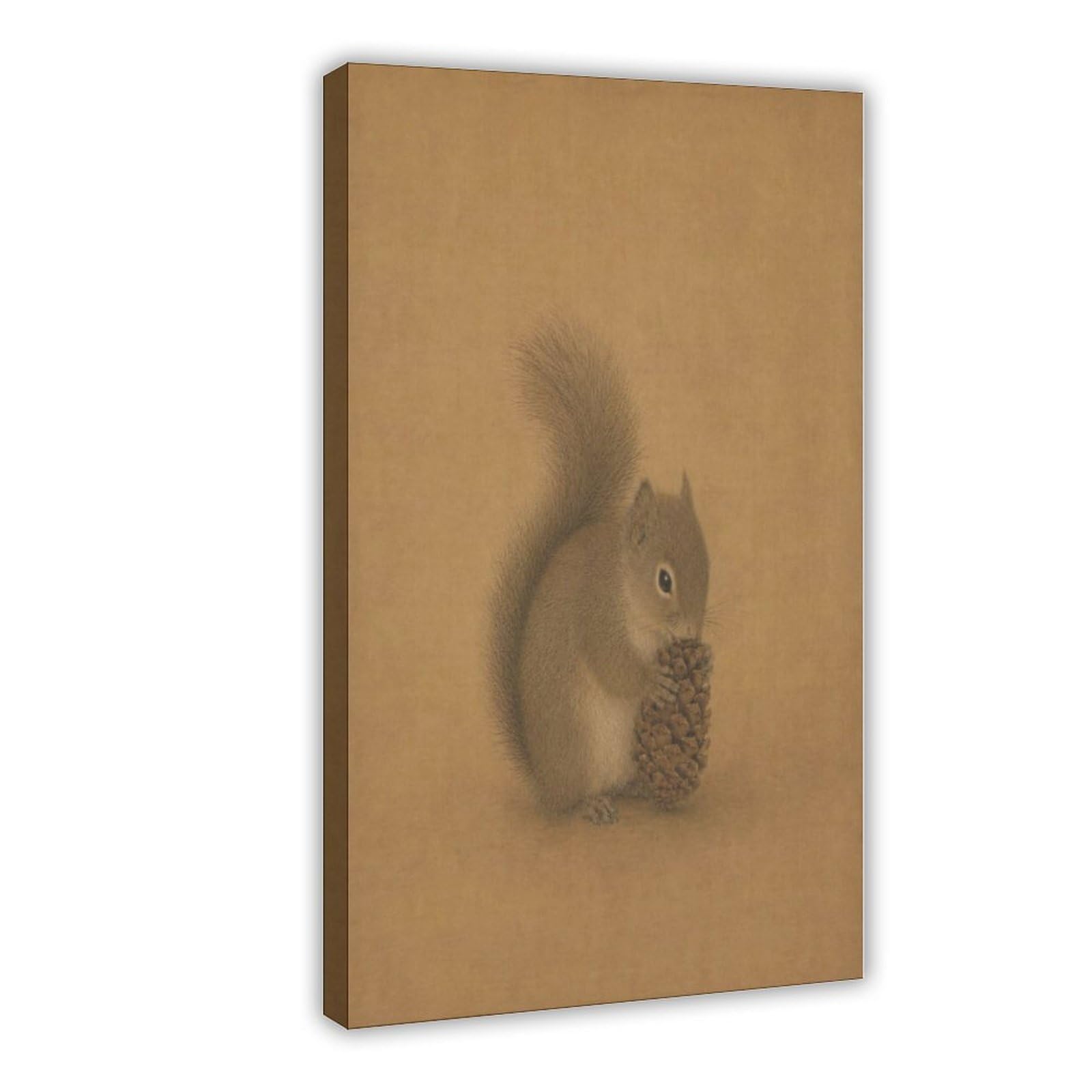 W7c8u2x3 Frame-Style-10 Tiny Squirrel With Acorn Canvas Wall Art, Woodland Animal