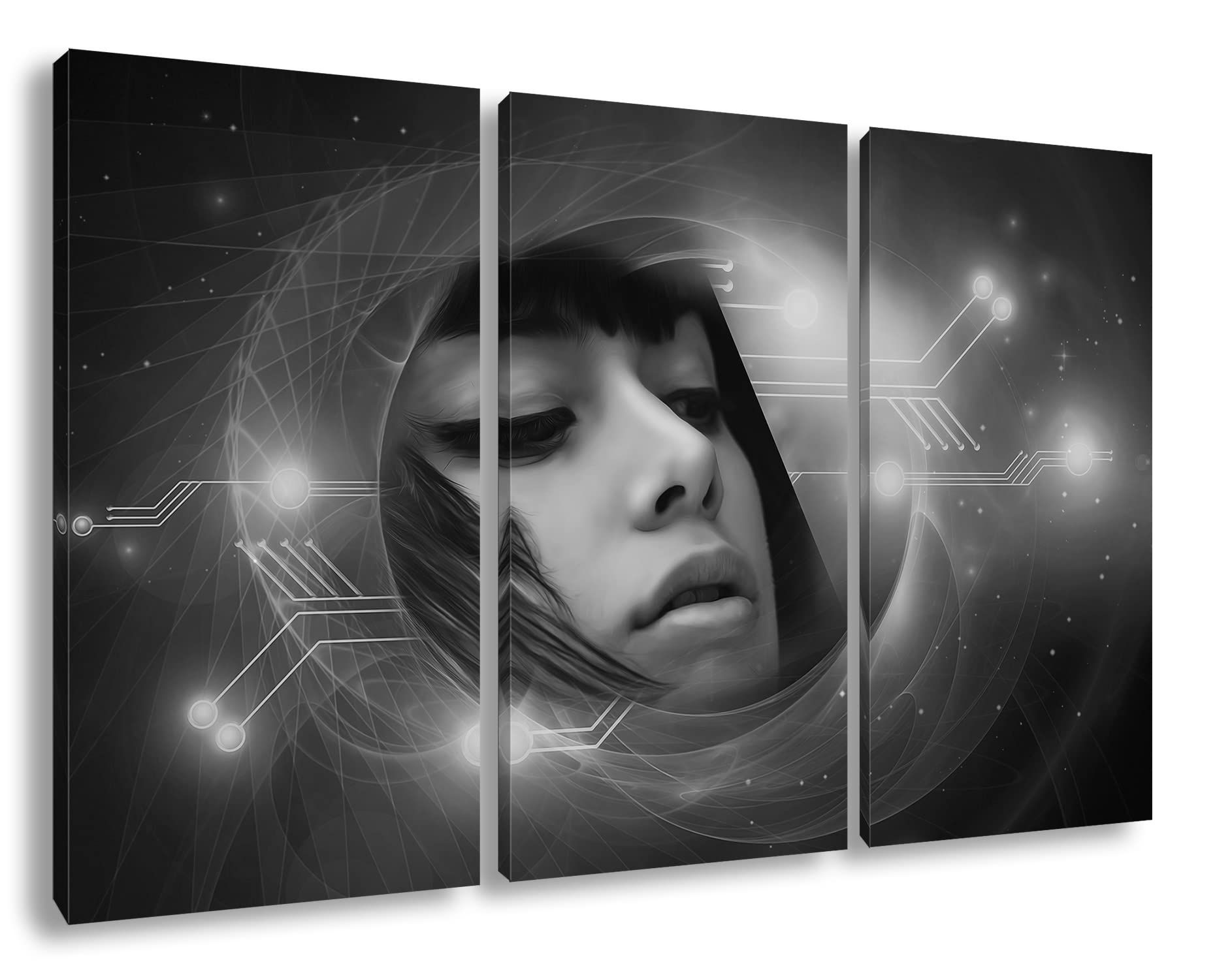 Fantasía de ciencia ficción del mundo. Formato: 3 piezas como lienzo, efecto: blanco y negro, diseño ya enmarcado, impresión digital de alta calidad, sin póster ni póster.
