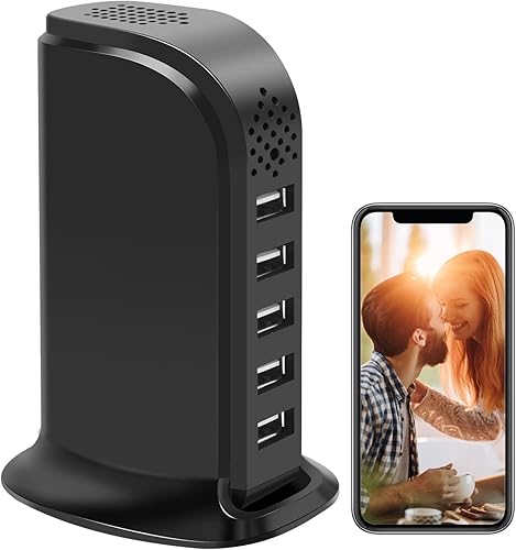 Cámara oculta USB cargador de 5 puertos WiFi 1080P HD niñera cámara espía adecuada para carga de teléfono con detección de movimiento para seguridad