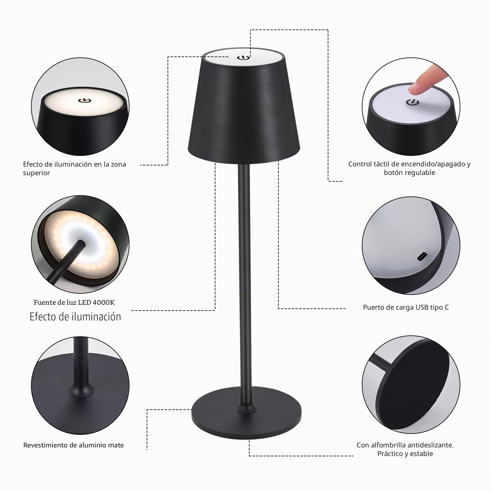 2 lámparas LED de mesa con batería regulable, inalámbrica, recargable, luz cálida, 3000 K, para interior y exterior, con USB-C, aluminio, IP54, resistente al agua, color negro [clase energética A]…