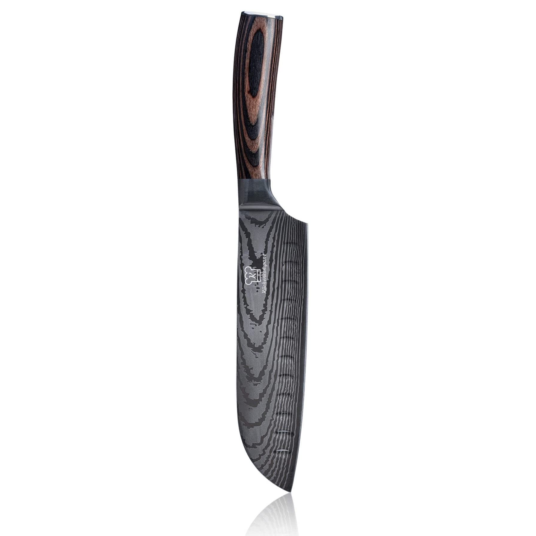 Küchenkompane – asiatisches Santoku 7“ Kochmesser aus 7CR17 Edelstahl mit ergonomischen Pakkaholzgriff inkl. Geschenkbox | Küchenmesser im Damast Design | rostfrei & scharf | Designed in Germany