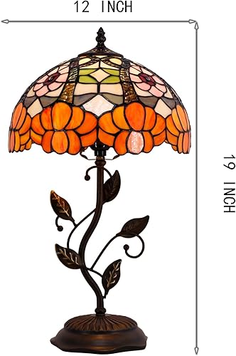 Miniatura 5 de Tiffany - Lámpara de mesa de cristal de color naranja, lámpara de mesa de mesita de noche, luz de lectura de 12 x 12 x 19 pulgadas con base de hojas