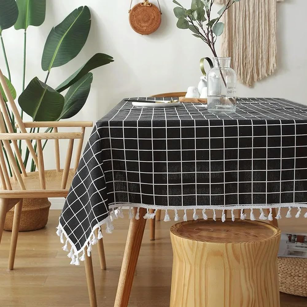 Mantel a Cuadros de 60~300cm con Encaje Cubierta de Mesa de Lino de algodón para Cubierta de Escritorio Mantel de Mesa de té con Colgante Suave paño de Comida
