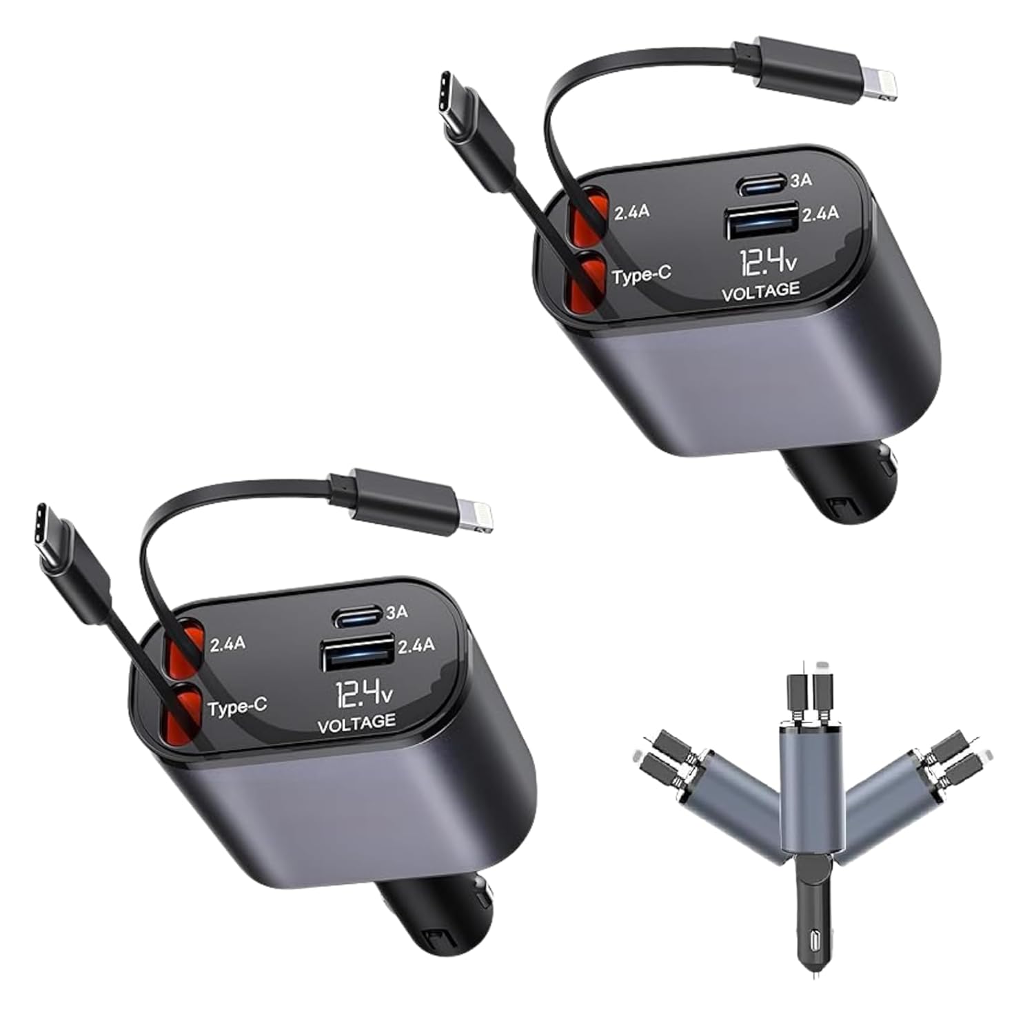 2-Pack Retractable 120 W Car Mobile Charger 4 in 1, 30 inches Fast Car Phone Charger with Cord 2.6ft, USB C and iOS Car Charger Adapter, Compatible with 16 15/15 Pro Max/14/13/12/11