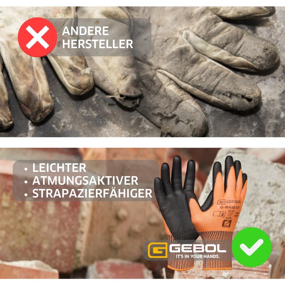 GEBOL G-Base Cut, 6 Paar Arbeitshandschuhe für Herren mit Schnittschutz Level C , PU-beschichtete Montagehandschuhe mit hoher Fingerfertigkeit & Griffigkeit, Gr. M/8