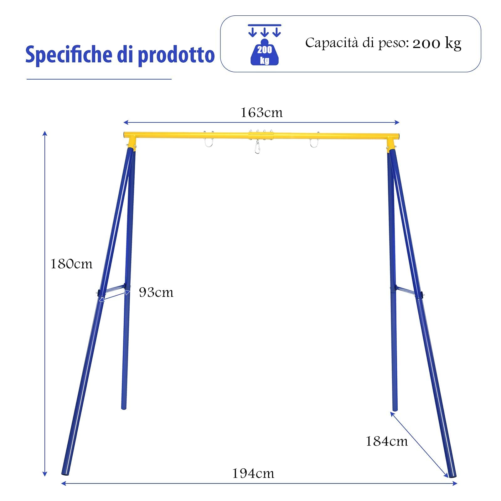 RELAX4LIFE Soporte para Columpio Individual de Hierro con Capacidad de Carga de 200 kg, Marco de Columpio con 3 Ganchos para Colgar, 195 x 181 x 184 cm (Marco-1-Amarillo)
