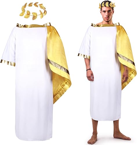 SATINIOR Disfraz griego de Halloween de Toga para adultos, túnica con corona de hoja, corona de laurel, 2 piezas