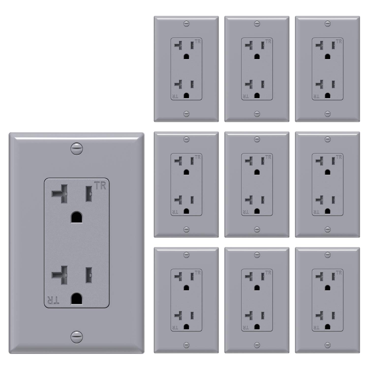 WEBANG 20-Amp 125V Decorator Wall Outlet, Tamper-Resistant Duplex Receptacle for Residential & Commercial Use, Wall Plate Included, 2-Pole, 3-Wire Self-grounding, UL Listed, 10 Pack Gray