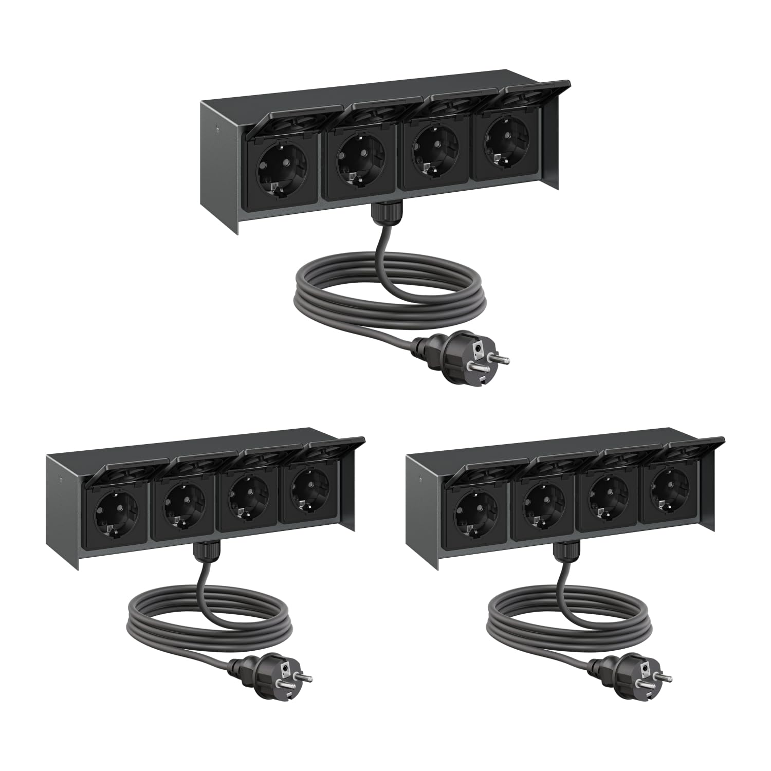 ledscom.de: toma de corriente exterior cuádruple STEDDA con 3 salidas y cable de 2 m, IP44, acero inoxidable antracita en posición horizontal; tomas de corriente para jardín, terraza y exteriores