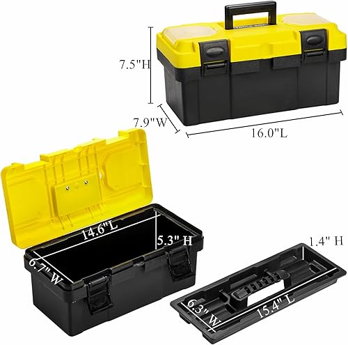 Miniatura 2 de Caja de herramientas de plástico de 16 pulgadas con asa, caja de herramientas portátil con bandeja extraíble y diseño con cerradura, organizador de