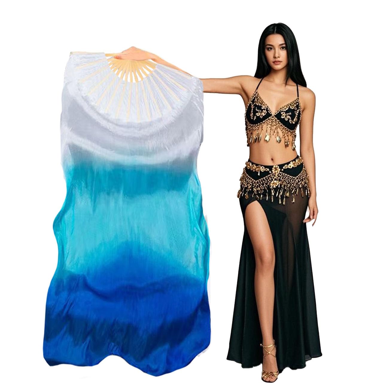 Aumulen Women 1 Piece Hand-made Real Silk Long Belly Dance Fan Veils(Right Hand Only)