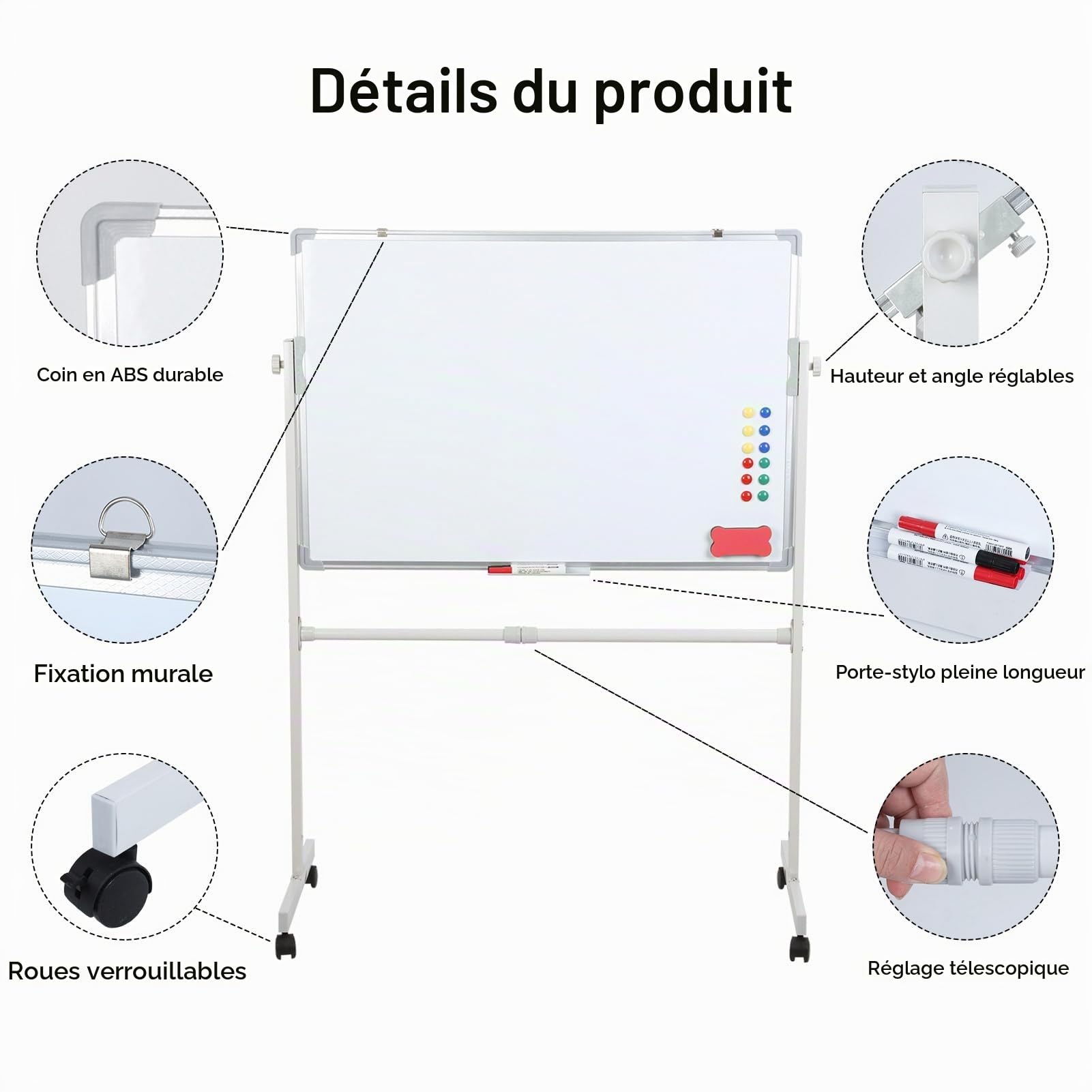 Tableau Blancs Effacable Sur Pied, 90 x 60 cm Tableaus Blanc Magnetique, support Mobile Blanche Blanche, Tableau Blancs Double face Blancs