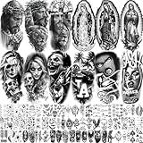 74 Sheets Chicano Jesus Christ God Temporary Tattoos For Men Women Adults Arm Cholo, Guadalupe Half Arm Sleeve Fake Tattoo Sticker Mexico West Coast Culture, Temp Chicana Prison Halloween Tattoo Chola