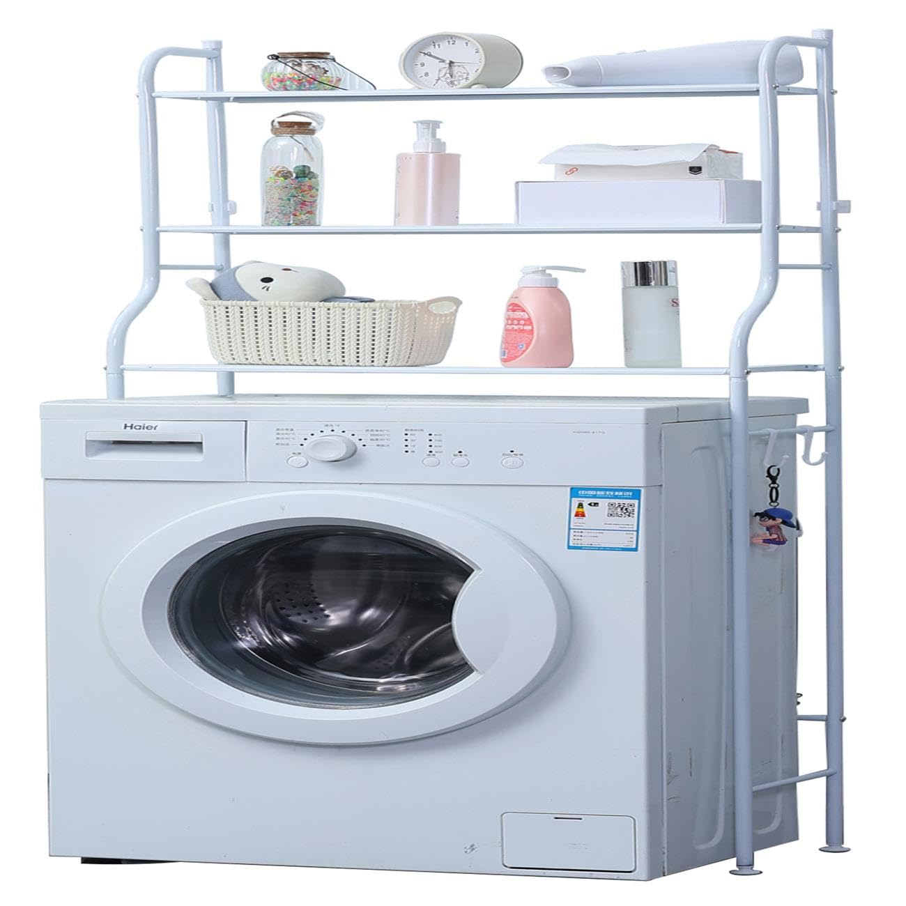 Herzberg HG03282, Ablage 3 Ebenen für Waschmaschine und Badezimmer, Weiß, Einfacher Aufbau, Tragkraft 10 kg pro Ebene, Kohlenstoffstahl, Seitliche Haken, 65x25x122cm.